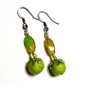 Artisan Dangle Earrings in greens, golds and silvers with glass & polymer beads